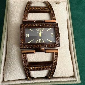 Elgin II Copper Tone With Crystal Accents Bangle Cuff Quartz Movement Watch
